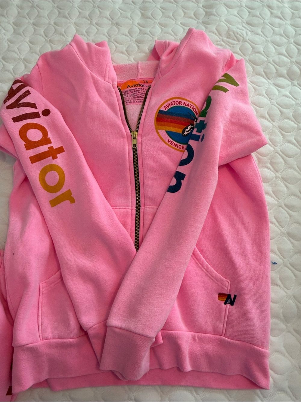 Aviator Nation Pink Zip Hoodie with Venice CA Rainbow Logo
